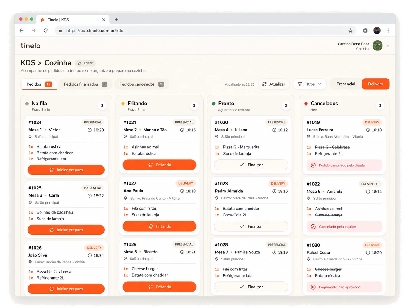 KDS da Tinelo com os pedidos distribuídos pelas etapas da cozinha